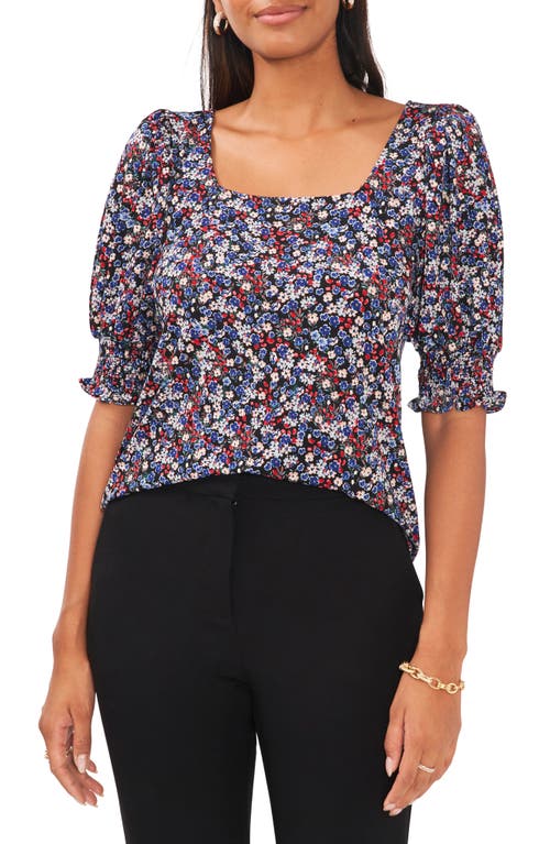 Chaus Floral Square Neck Smocked Sleeve Blouse In Black/multi