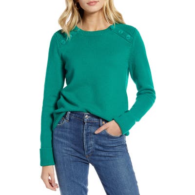 1901 Button Detail Cotton Wool Blend Sweater, Green