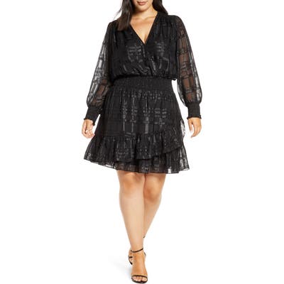 Plus Size Michael Michael Kors Metallic Plaid Ruffle Long Sleeve Dress, Black