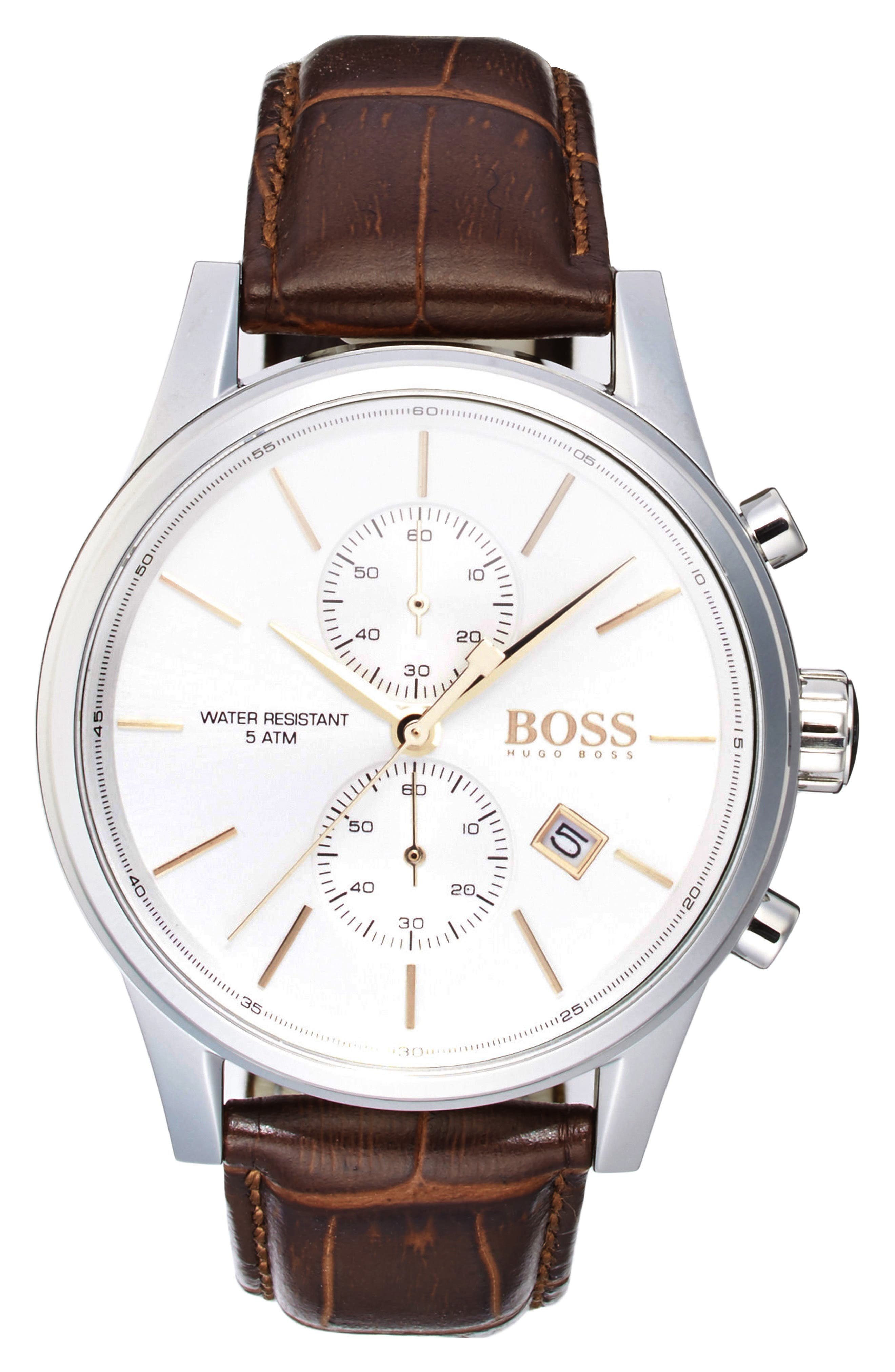 UPC 885997164191 product image for BOSS 'Jet Sport' Chronograph Leather Strap Watch, 41mm - White/ Brown | upcitemdb.com