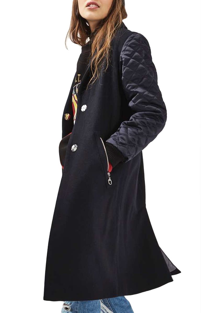 TOPSHOP Quilted Sleeve Wool Blend Coat, Main, color, NAVY BLUE
