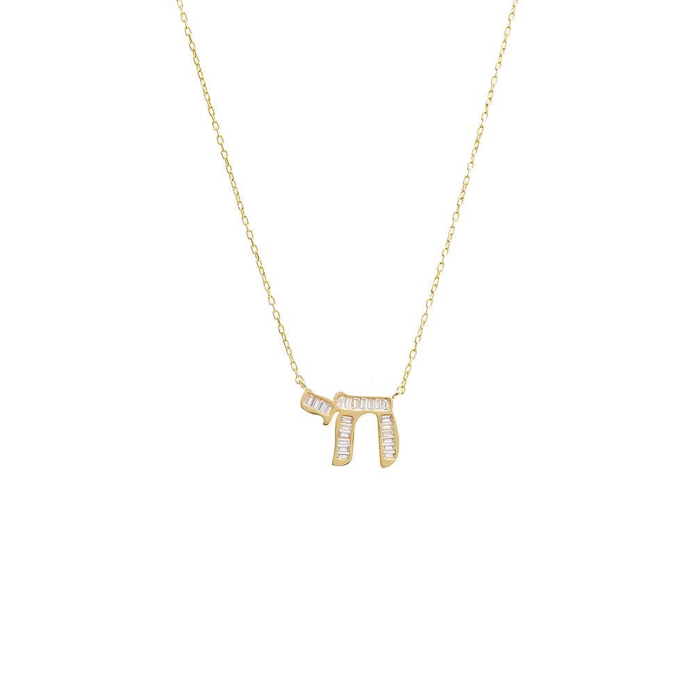 BY ADINA EDEN Baguette Chai Pendant Necklace in Gold Cover