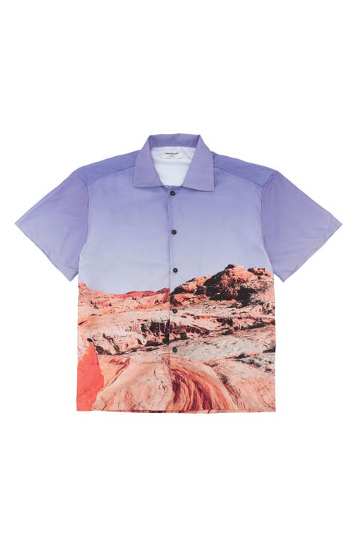 Mountain Print Short Sleeve Button-Up Shirt in Purple Multicolor