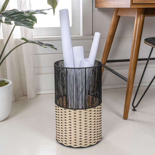 Happimess Harper Modern 2-tone Faux Wicker Cylinder Waste Basket In Black/cream