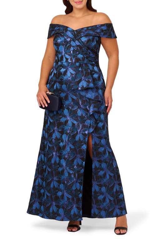 Shop Adrianna Papell Metallic Floral Jacquard Off The Shoulder Gown In Blue Multi