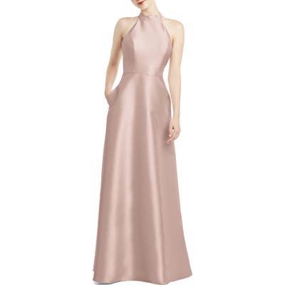 Alfred Sung Halter Style Satin Twill A-Line Gown, Pink