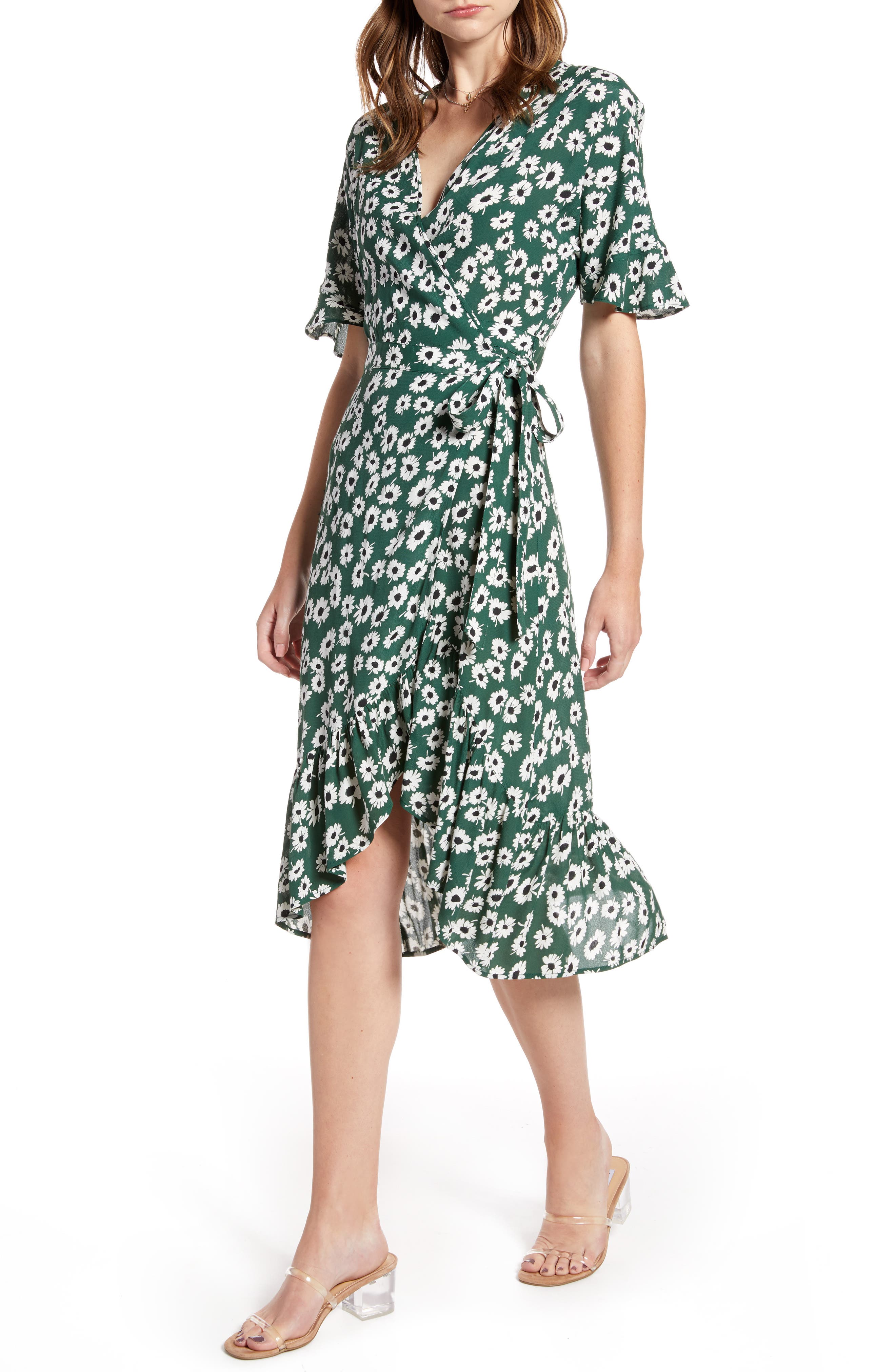 daisy print wrap dress