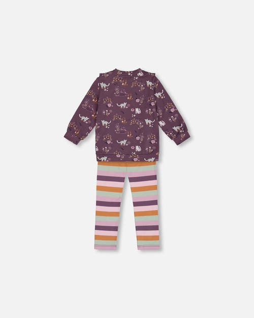 Shop Deux Par Deux Little Girl's Tunic Mauve Printed Cats And Striped Leggings Set