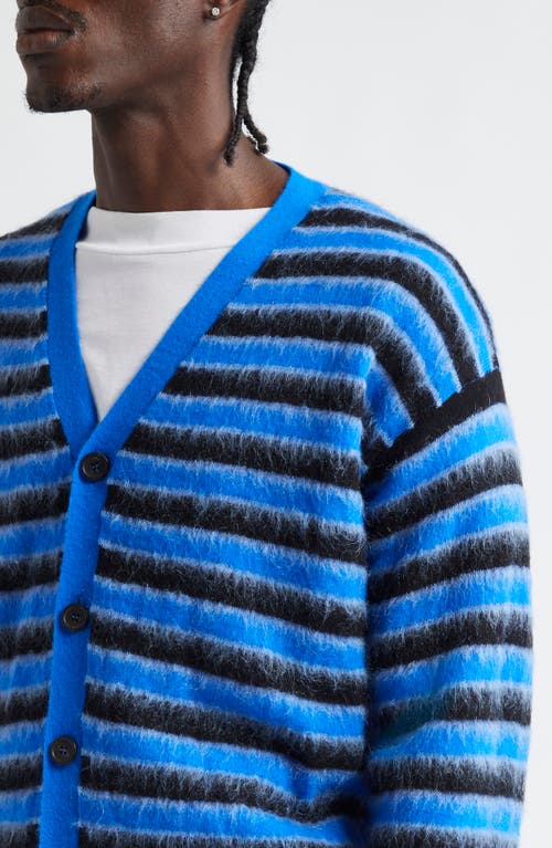 Shop Marni Stripe V-neck Mohair & Wool Blend Cardigan In Bright/blue