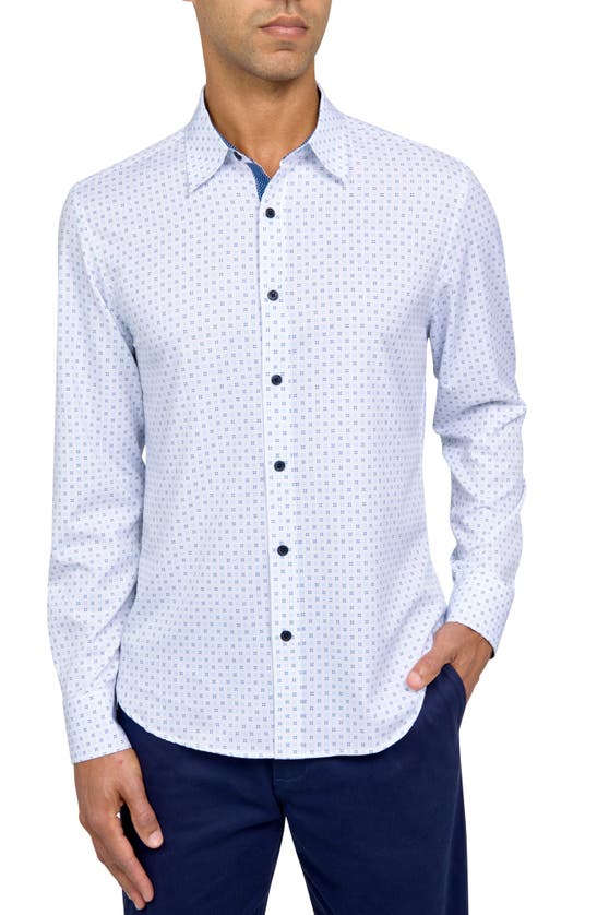 Construct Trim Fit Abstract Four-way Stretch Performance Dress Shirt In White/ Blue