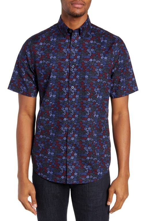 Non-Iron Floral Print Sport Shirt in Black Blue Flower Multi