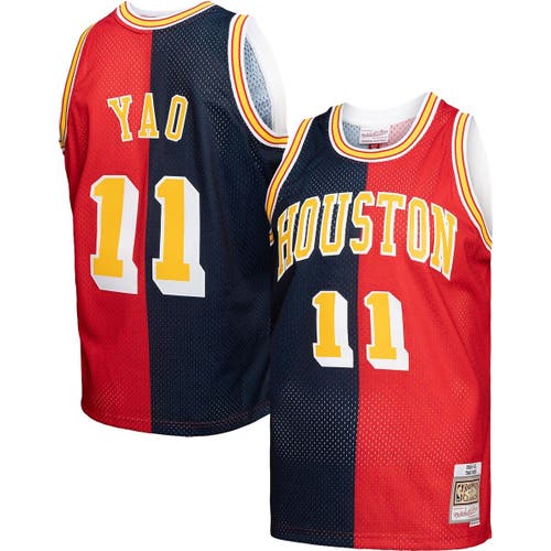 Men's Mitchell & Ness Yao Ming Navy/Red Houston Rockets Hardwood Classics 2004-05 Split Swingman Jersey