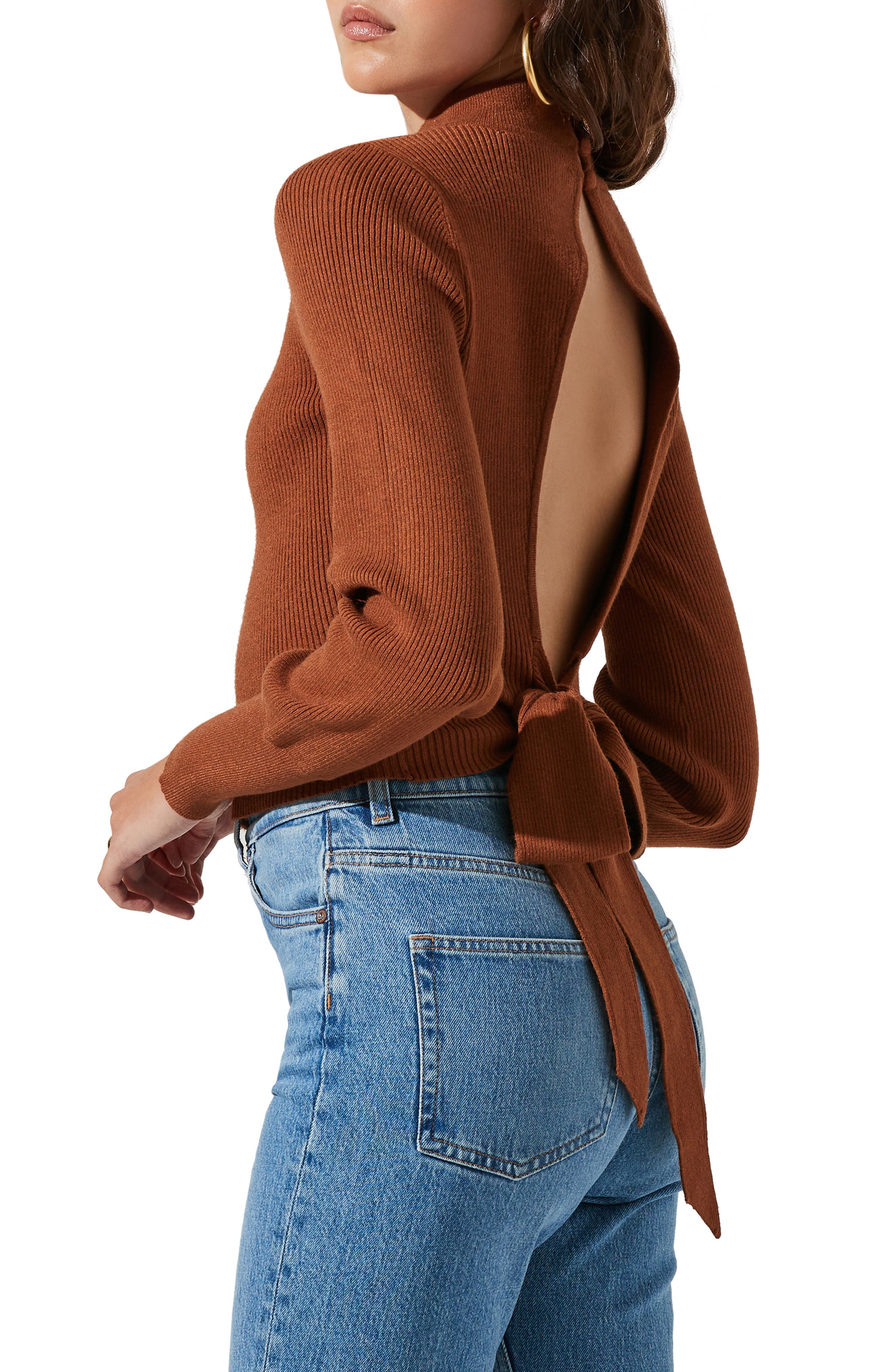 Tie Back Mock Neck Sweater in Brown Size Medium by Astr The Label