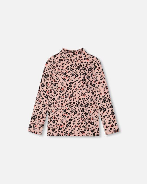 Shop Deux Par Deux Girl's Long Sleeve Mock Neck Top Pink Printed Leopard Flowers In Animal Flowers Print