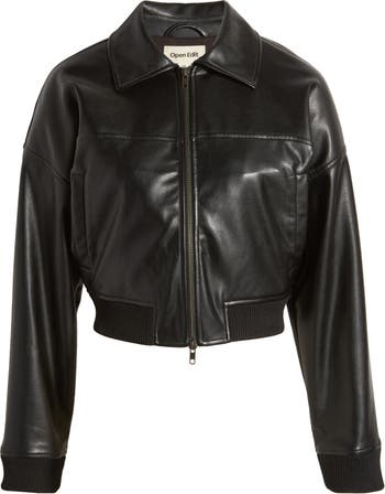 Sweet Disaster Faux Leather Cropped Bomber Jacket Black