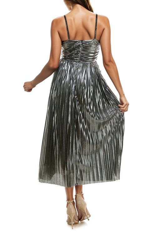 Shop Socialite Pleated Foil Sleeveless Maxi Dress In Silver