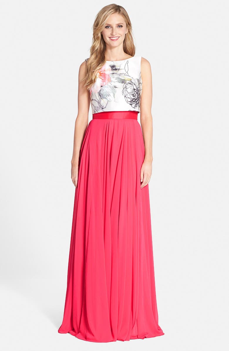 Theia Floral Popover Chiffon Gown | Nordstrom