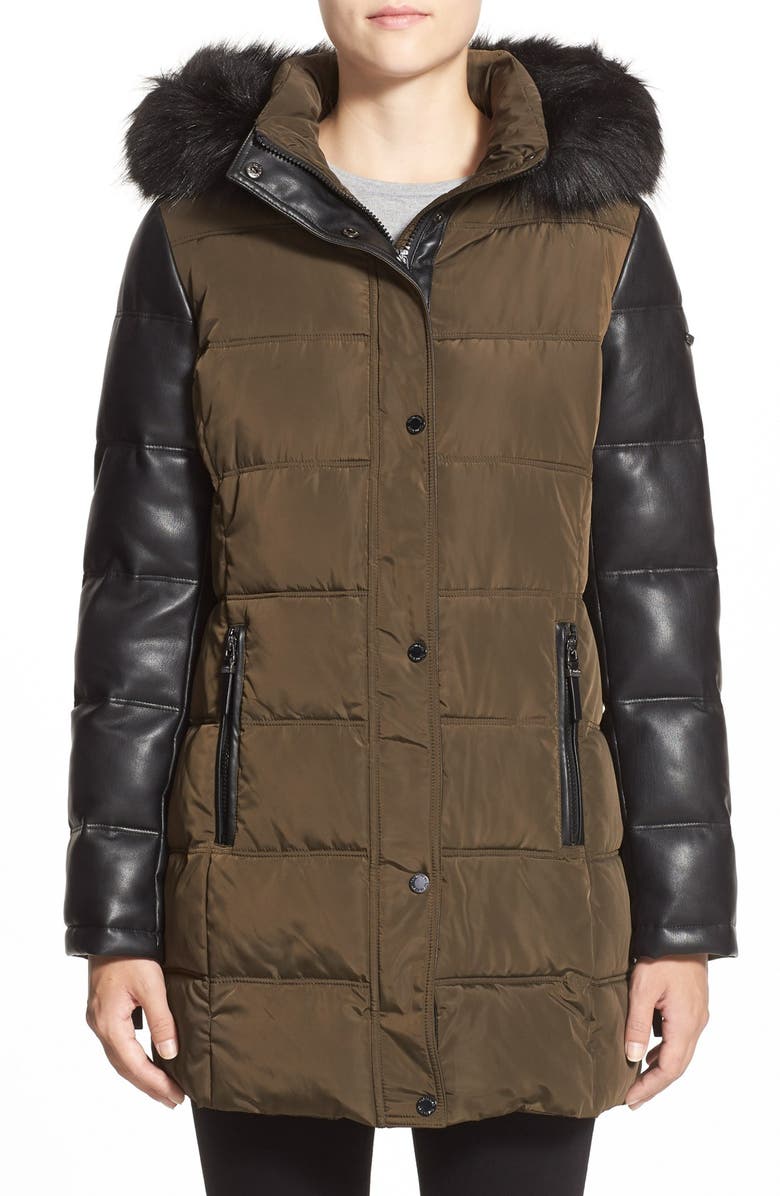 Calvin Klein Faux Fur Trim Mixed Media Hooded Quilted Coat | Nordstrom