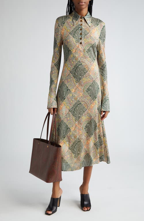 Shop Etro Patchwork Paisley Long Sleeve Shirtdress In Green/yellow Multi