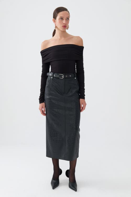 Shop Nocturne Faux Leather Midi Skirt With Belt In Black