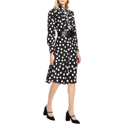 Halogen X Atlantic-Pacific Button & Pleat Polka Dot Fit & Flare Dress, Black (Nordstrom Exclusive)