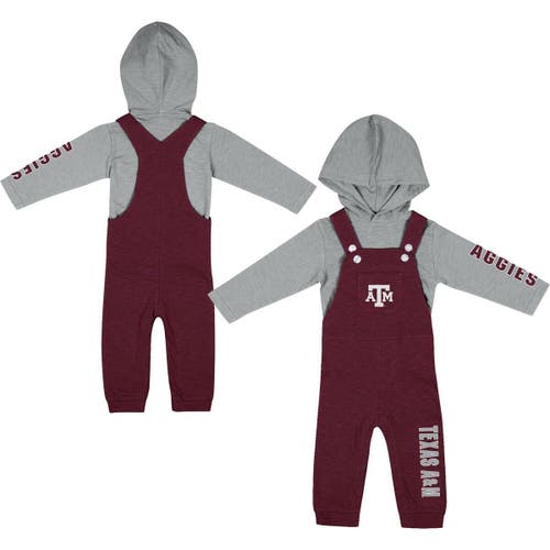 Newborn & Infant Colosseum Heathered Maroon/Heathered Gray Texas A & M Aggies Chim-Chim Long Sleeve Hoodie T-Shirt & Overall Set in Heather Maroon at