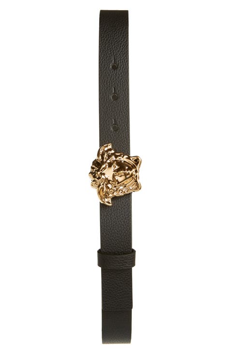 Young Versace Kids Leather Belt with Rectangular Medusa Buckle