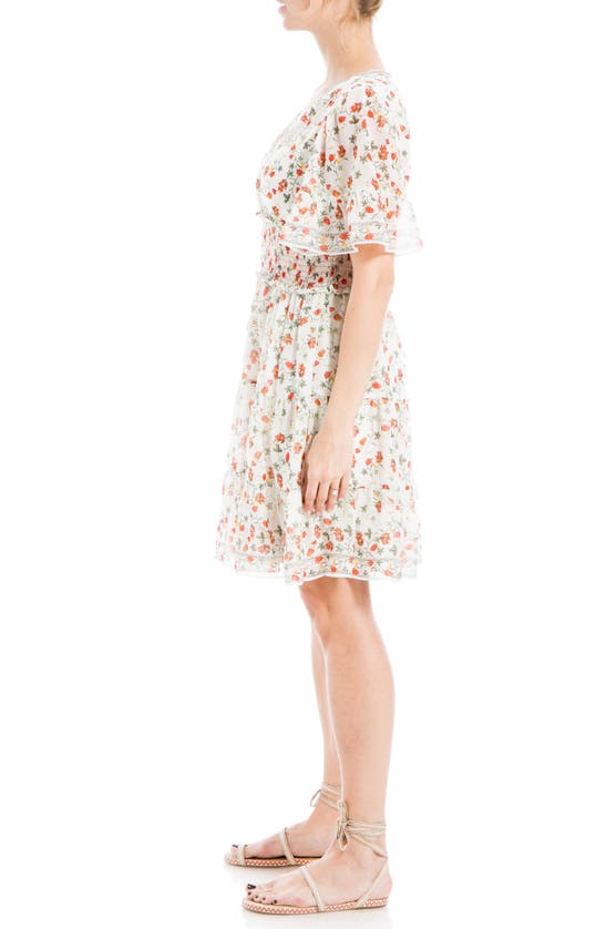 Max Studio Georgette Ditsy Floral Print Tiered Dress In Cream/ Poppy Sml Crly Clstrs
