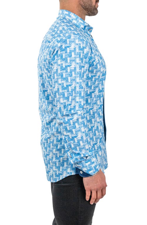 Maceoo Einstein Wood Waves Print Stretch Button-up Shirt In Blue