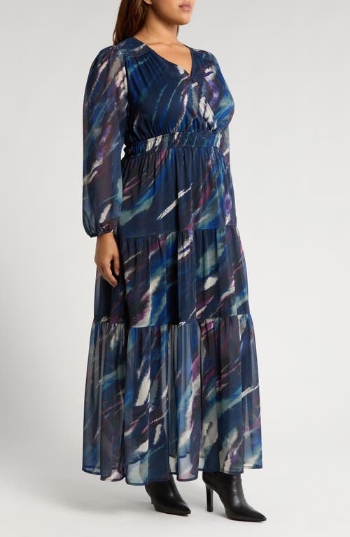 Shop Chelsea28 Tiered Long Sleeve Chiffon Dress In Navy Multi Watercolor