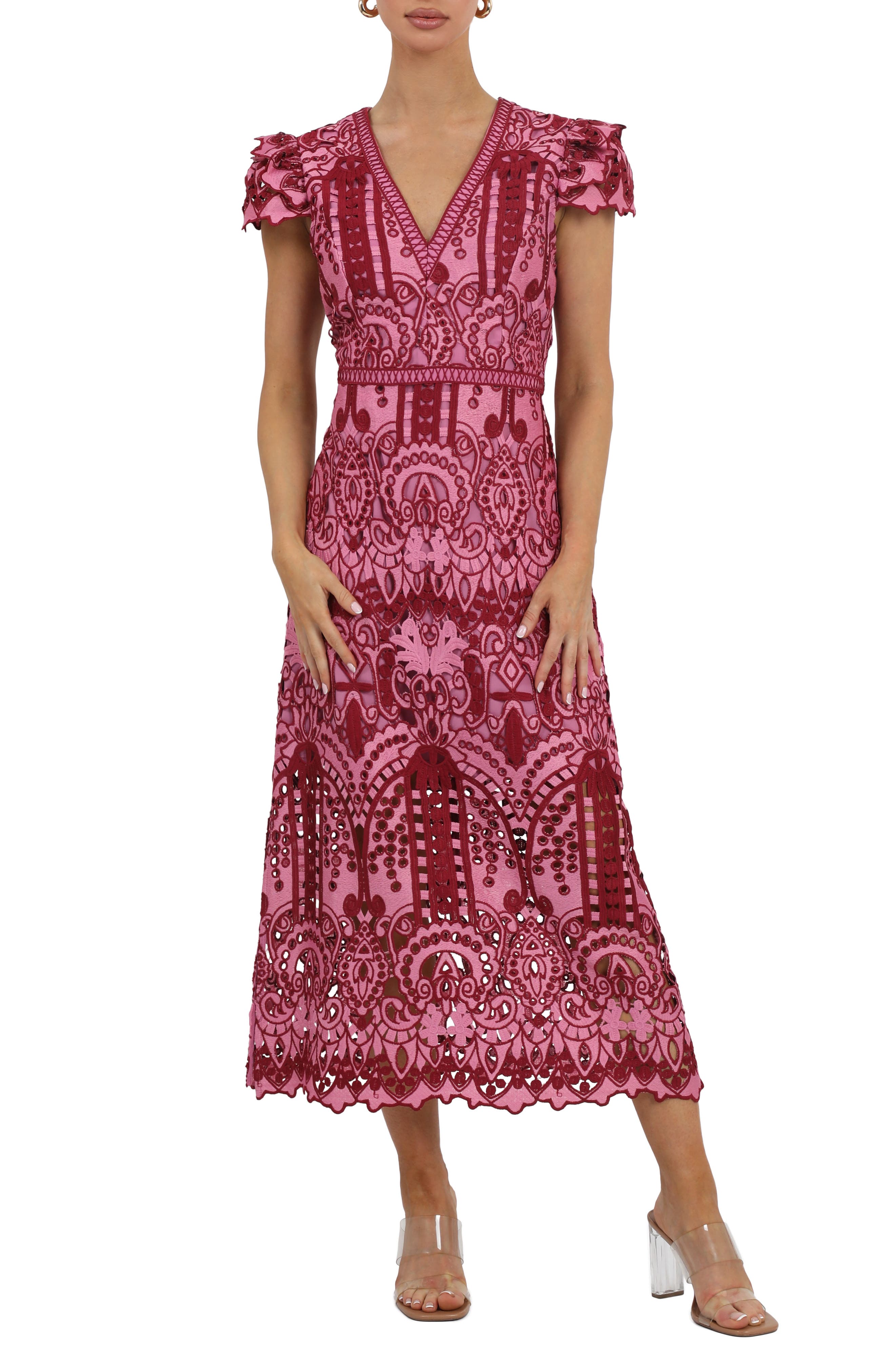 Adelyn Rae Lace Midi Dress in Wine Pink 