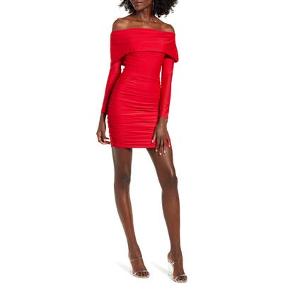 Tiger Mist Move Over Off The Shoulder Long Sleeve Body-Con Dress, Red