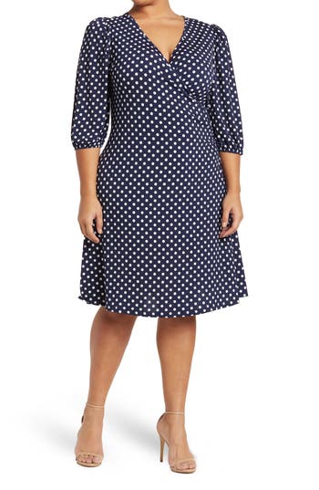 Shop By Design Amelia Side Ruched Surplice Dress In Navy/white Polka Dot