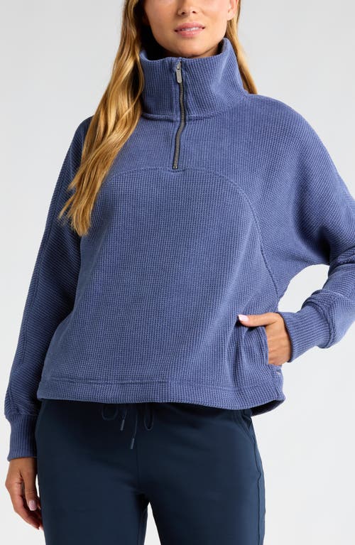 Shop Zella Half Zip Waffle Stitch Sweatshirt In Blue Indigo Marl