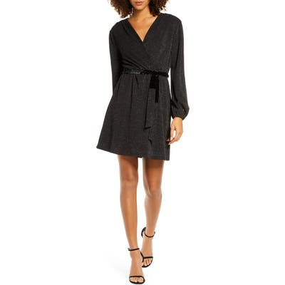 Fraiche By J Glitter Faux Wrap Front Long Sleeve Dress, Black