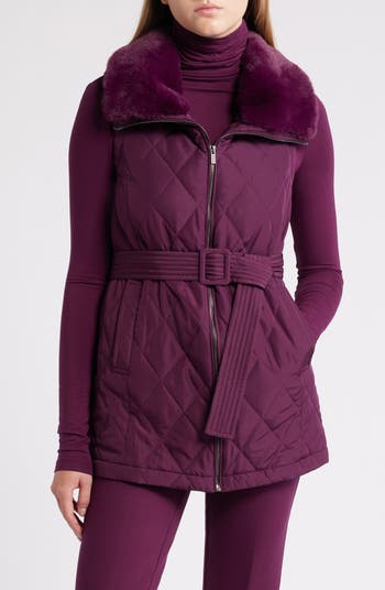 Anne Klein Belted Zip Front Quilted Vest with Faux Fur Collar Nordstrom