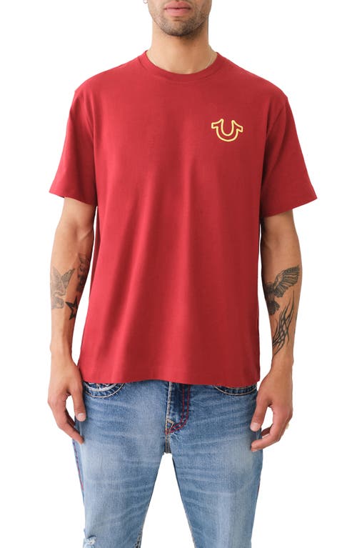 Relaxed Fit Puff Paint Logo Graphic T-Shirt in Red Dahlia