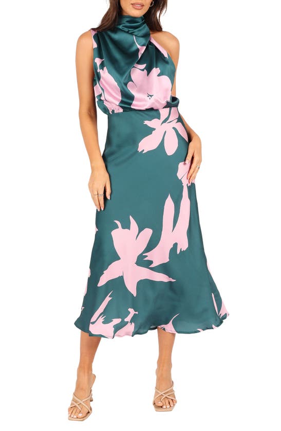 Shop Petal And Pup Petal & Pup Anabelle Mock Neck Satin Midi Dress In Green Pink