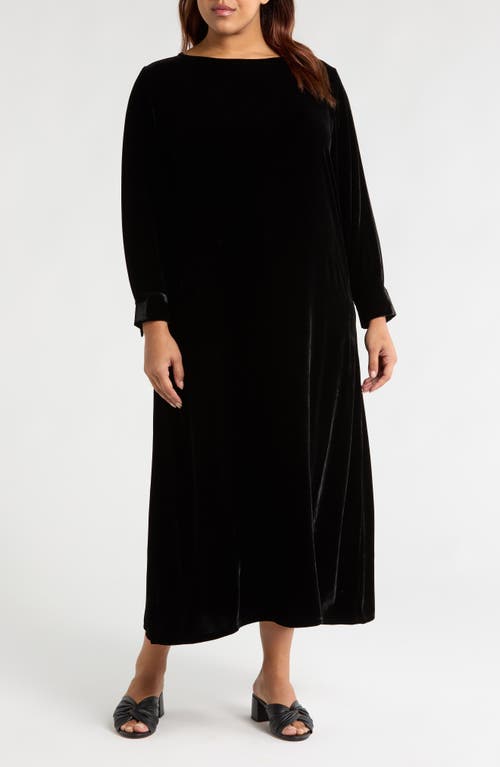 Eileen Fisher Bateau Neck Long Sleeve Velvet Maxi Dress in Black 