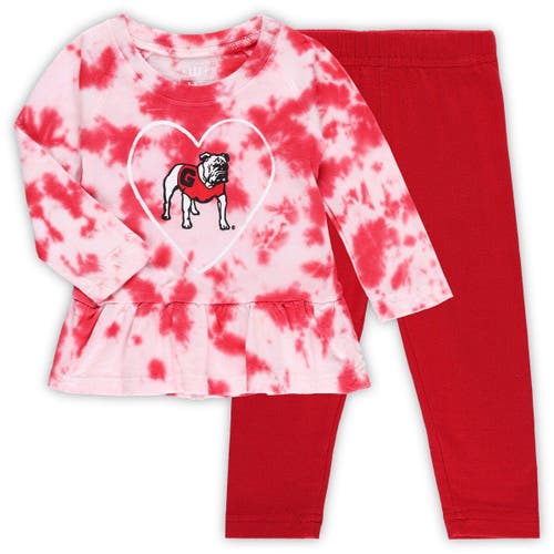 Girls Infant Wes & Willy Red Georgia Bulldogs Tie-Dye Ruffle Raglan Long Sleeve T-Shirt & Leggings Set