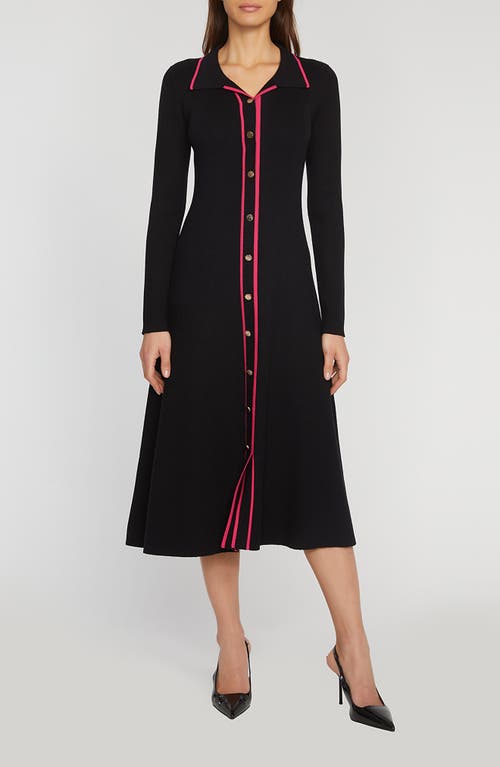 Shop Elie Tahari The Nadia Long Sleeve Button Front Sweater Dress In Noir W/pink Tipping