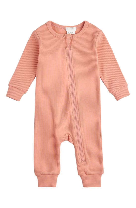 Shop Firsts By Petit Lem Rib Fitted One-piece Pajamas In Coral