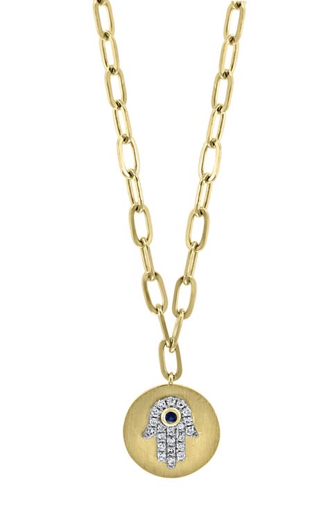14K Yellow Gold Sapphire Diamond Hamsa Pendant Necklace - 0.13ct.