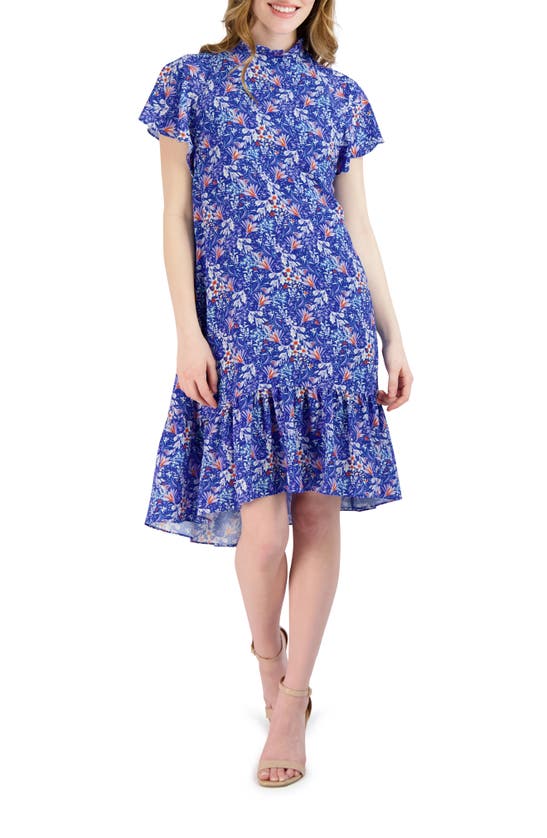 Julia Jordan Flutter Sleeve Printed Ruffle Hem Dress In Cobalt Multi ...