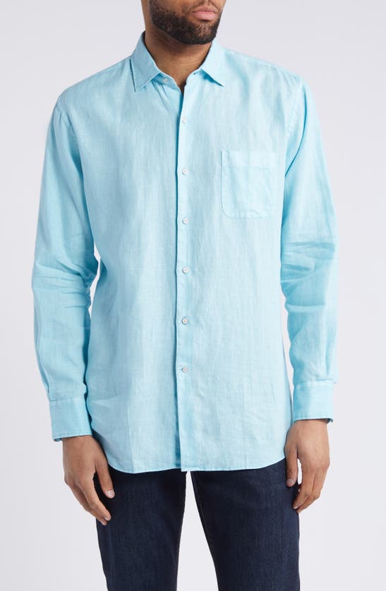 Shop Peter Millar Coastal Garment Dyed Linen Button-up Shirt In Mint Blue