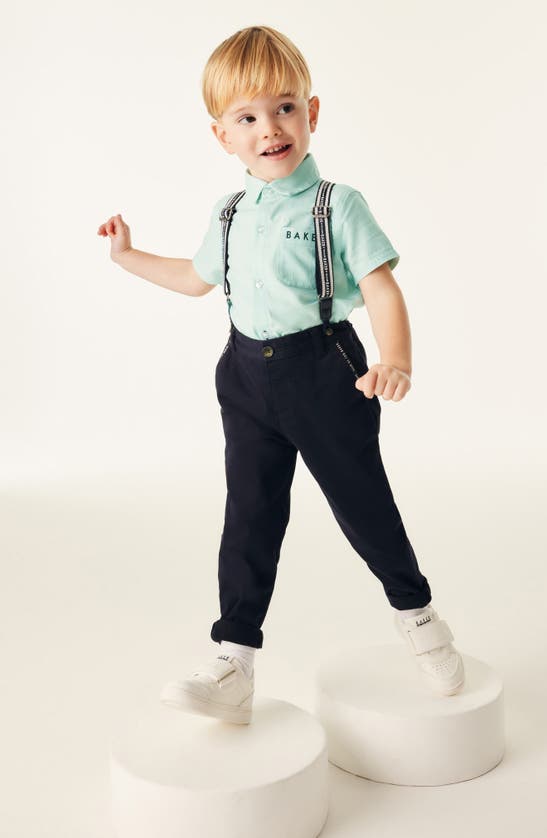 Shop Baker By Ted Baker Kids' Short Sleeve Button-up Shirt, Trousers & Suspenders Set In Green Multi