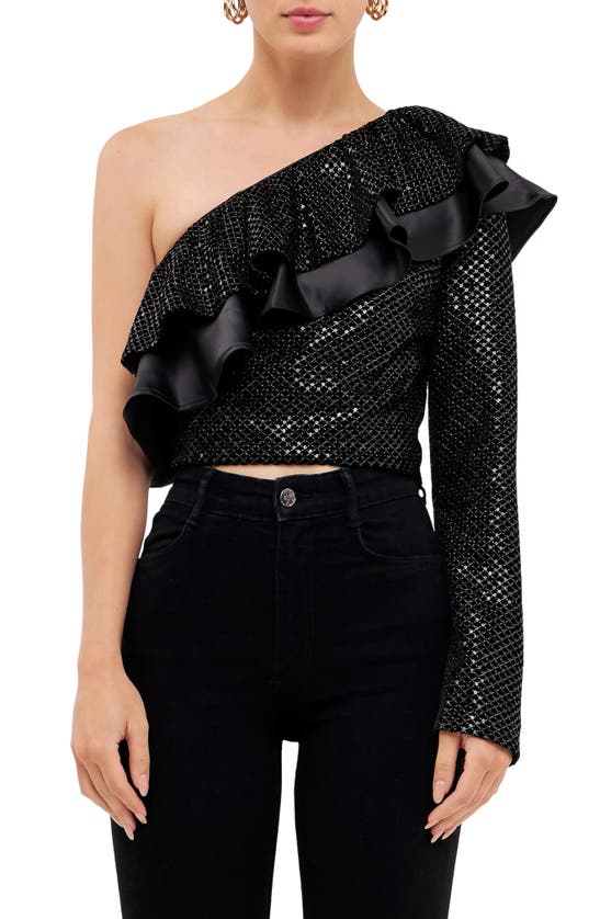 Endless Rose Satin Contrast Velvet One Shoulder Top In Black