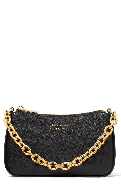 Small black Kate Spade crossbody purse with gold chain accents & blush  interior