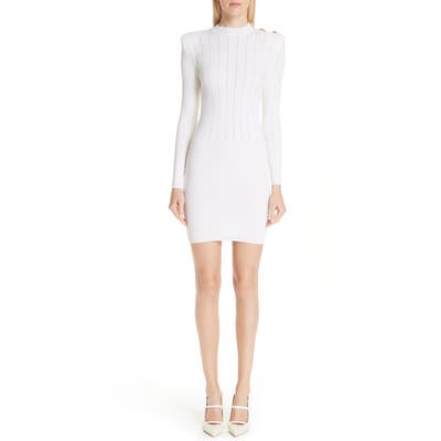 Balmain Shoulder Detail Body-Con Wool Blend Dress, US / 44 FR - White