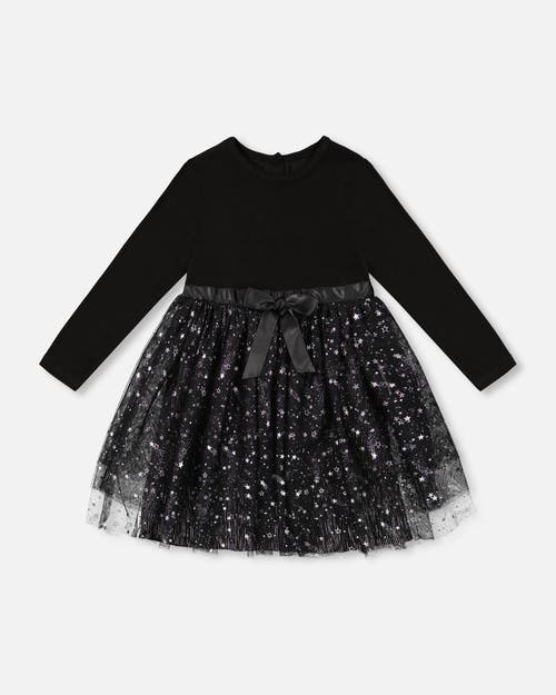 Deux Par Deux Kids'  Girl's Bi-material Dress With Glittering Tulle Skirt Black In Anthracite